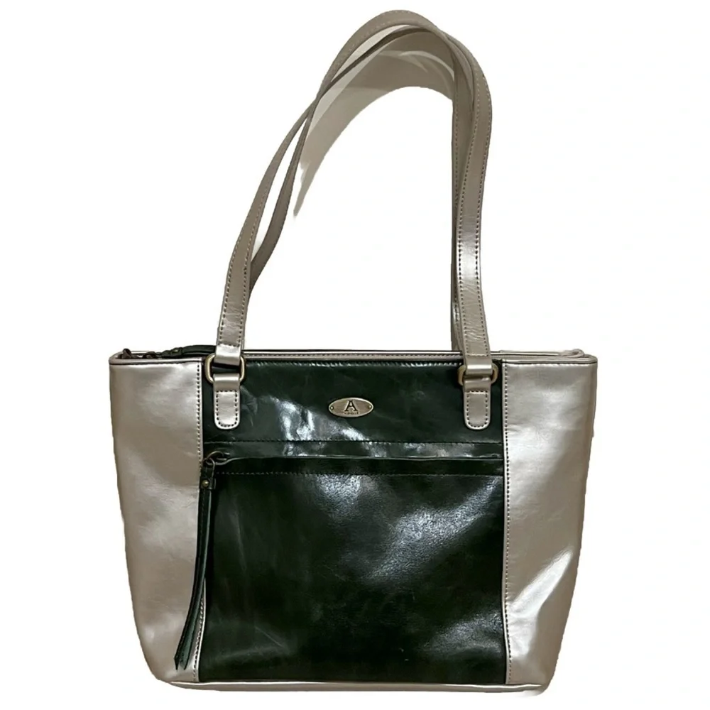 Aurielle Leather Tote Bag Purse Silver Green Double Handle Pockets Zipper
